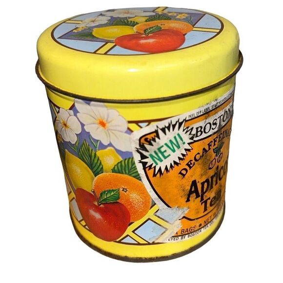 Vintage decorative Boston Apricot Tea Tin fruit + lid  yellow, fruit, flowers - Picture 4 of 9